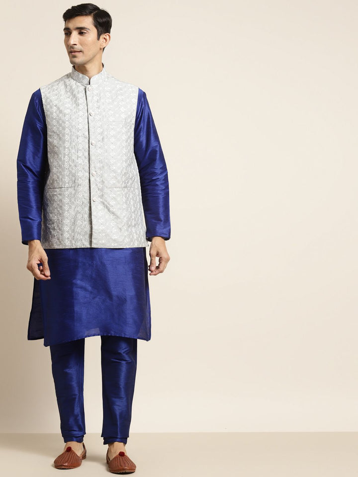 SOJANYA Men Navy Blue Kurta with Churidar & Nehru Jacket