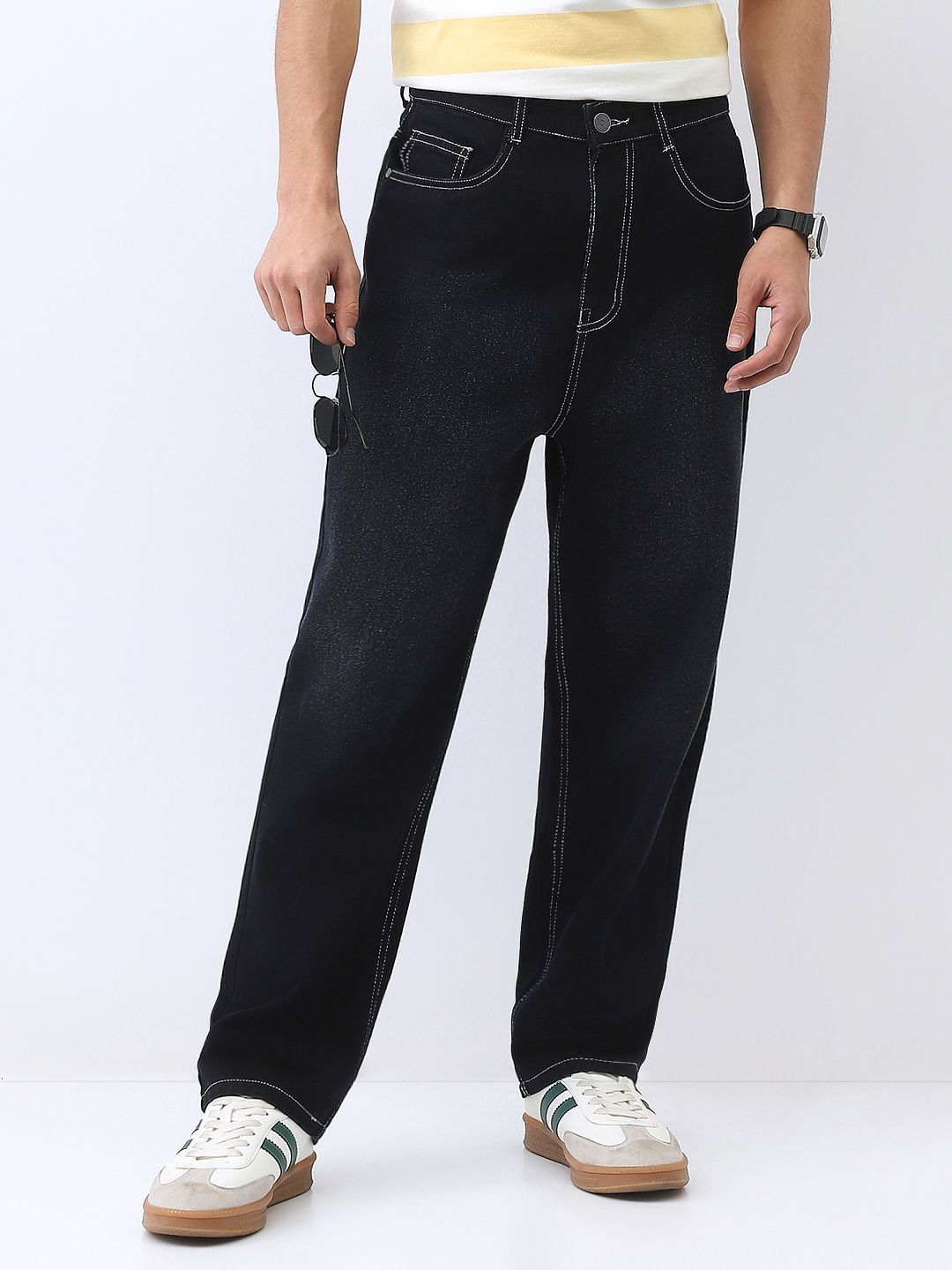 Urbano Fashion Men's Black Loose Baggy Fit Washed Jeans