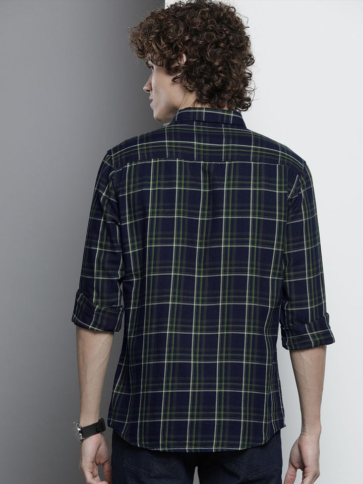 The Indian Garage Co Men Navy Blue & Green Checked Casual Shirt