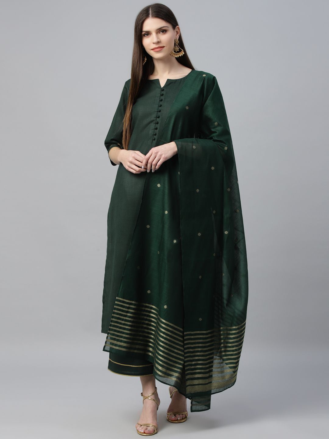 Libas Women Green Pure Cotton Kurta with Palazzos & With Dupatta