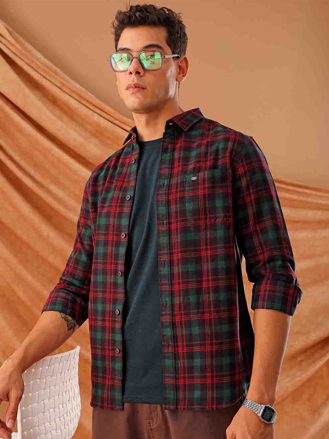 The Indian Garage Co. Spread Collar Slim Fit Tartan Checks Cotton Casual Shirt