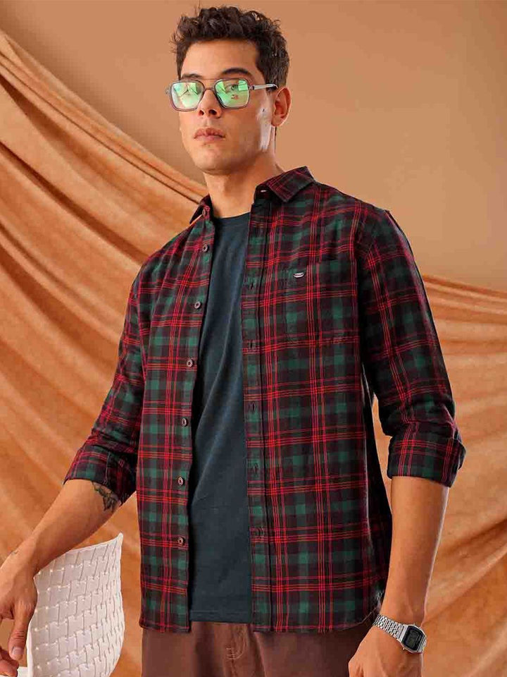 The Indian Garage Co. Spread Collar Slim Fit Tartan Checks Cotton Casual Shirt