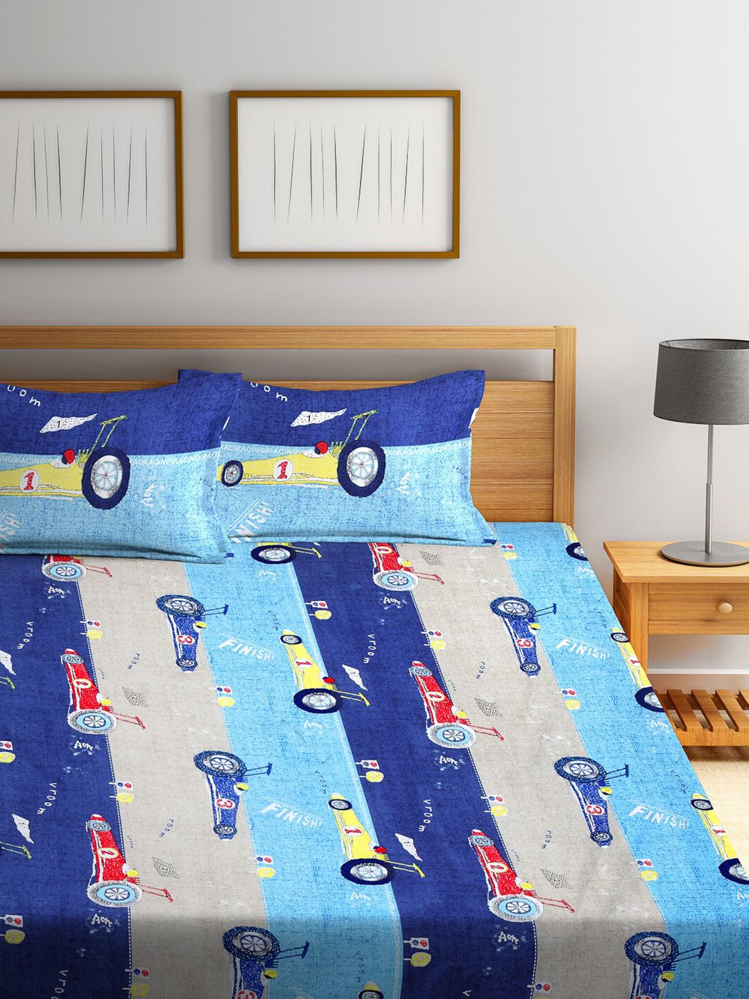 KLOTTHE Biru Kapas Grafik 300 TC Cadar King Halus dengan 2 Sarung Bantal-98 x 87 inci