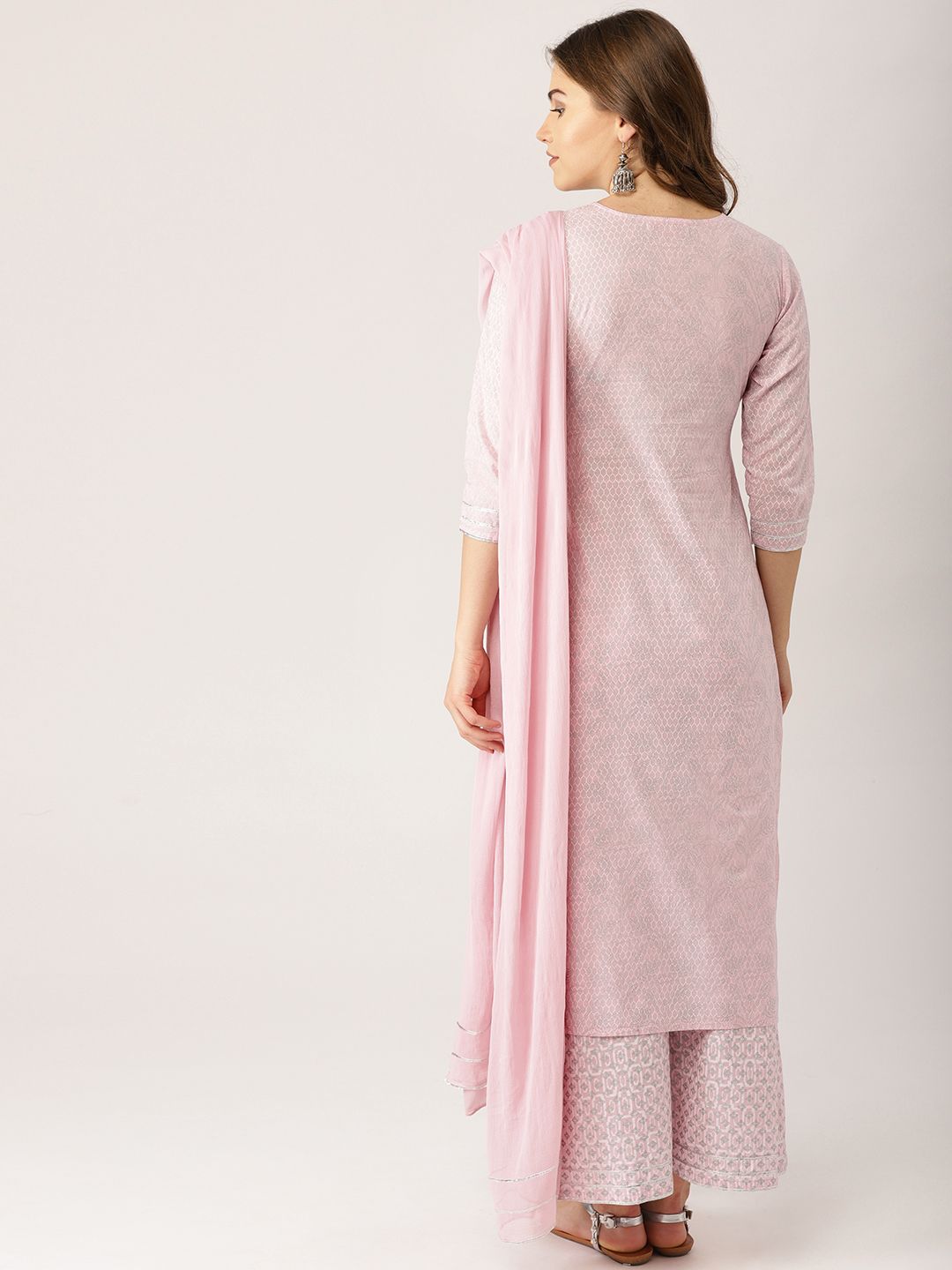 Libas Women Pink & Silver Printed Kurta with Palazzos & Dupatta