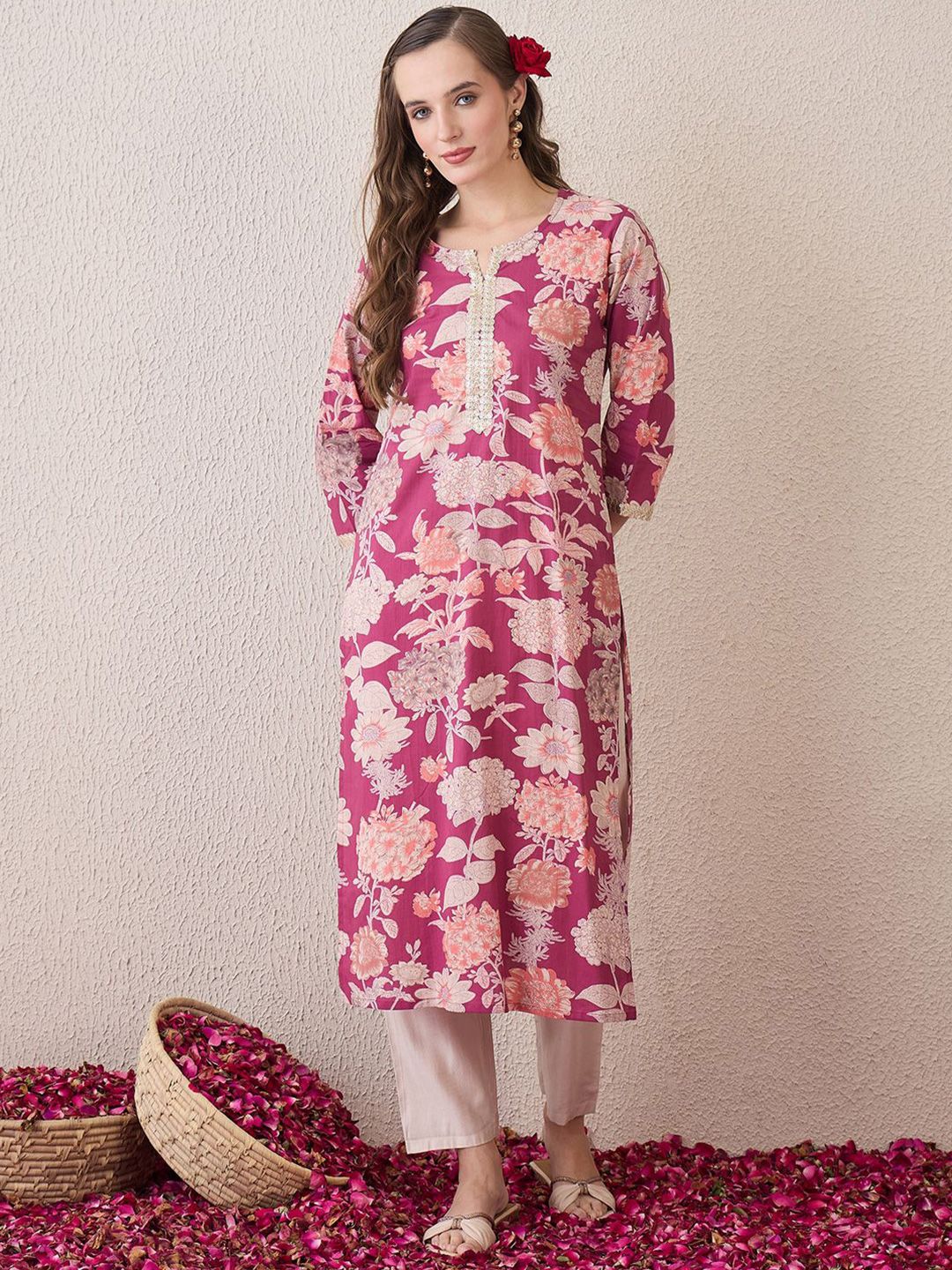 Indo Era Floral Printed Notch Neck Thread Work Cotton Straight Kurta