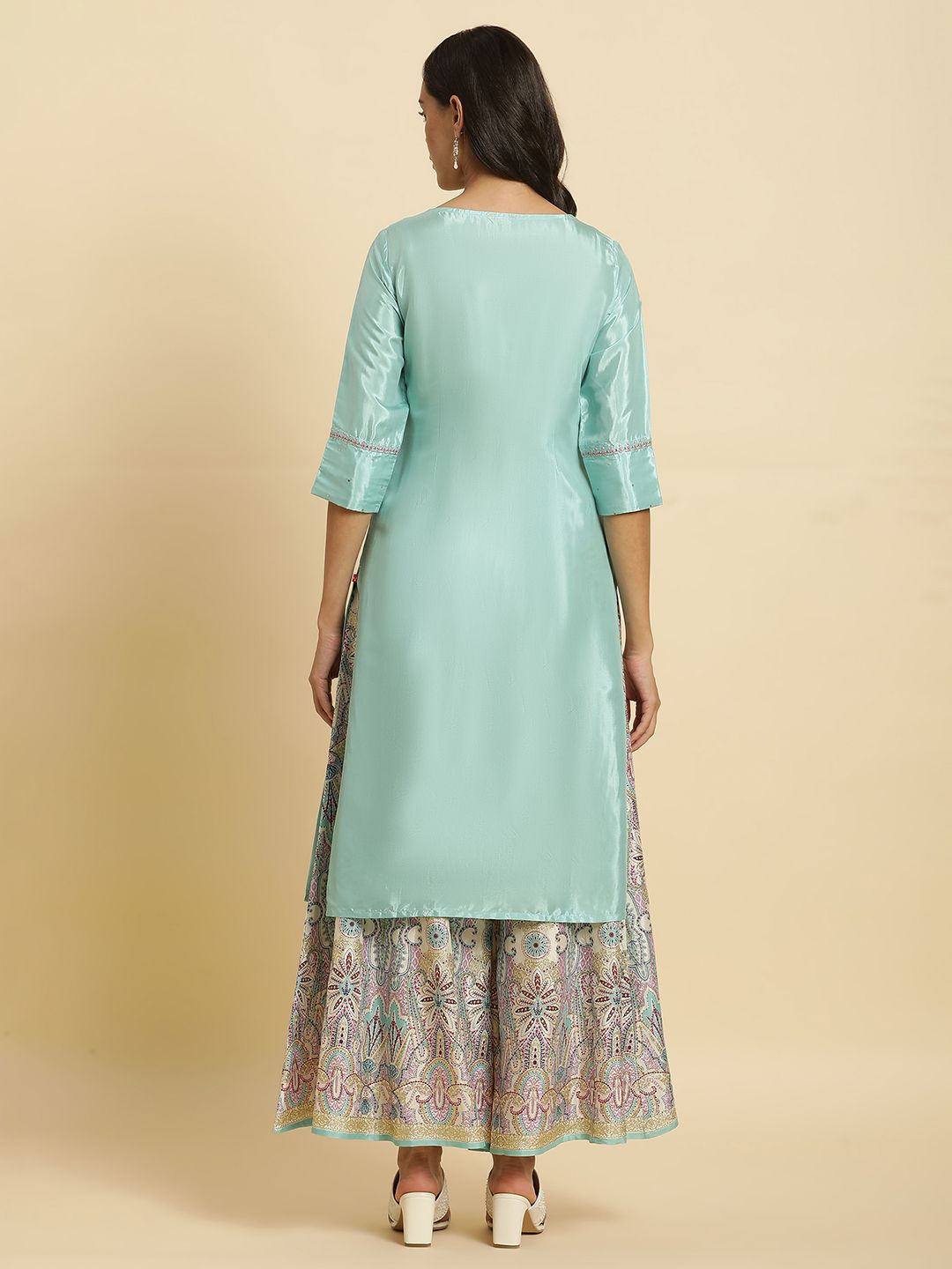 W Blue Ethnic Motifs Yoke Design Sequinned Kurta