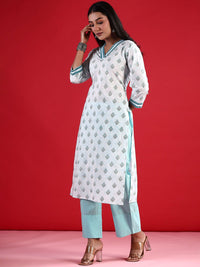 Indo Era Floral Printed V-Neck Long Sleeves Straight Cotton Kurta