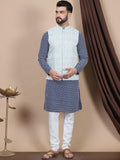 Anouk Navy Blue Floral Embroidered Pure Cotton Straight Kurta With Churidar & Nehru Jacket