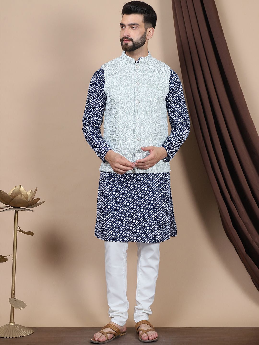 Anouk Navy Blue Floral Embroidered Pure Cotton Straight Kurta With Churidar & Nehru Jacket