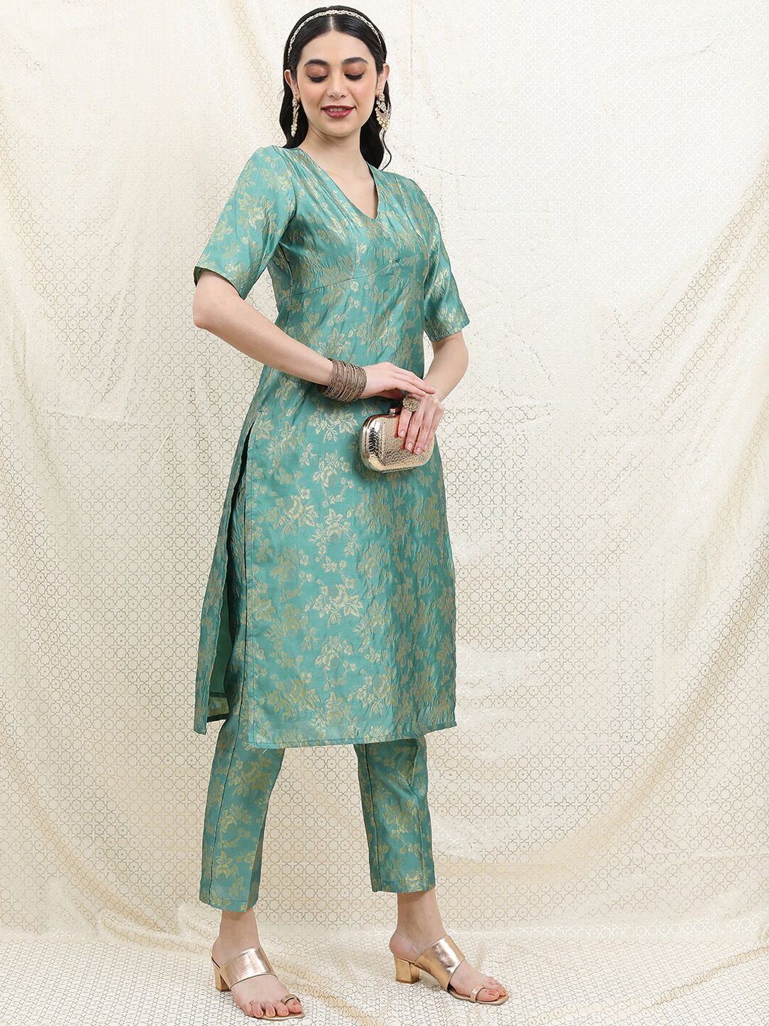 Vishudh Women Poly Brocade Kurta with Trousers & Dupatta