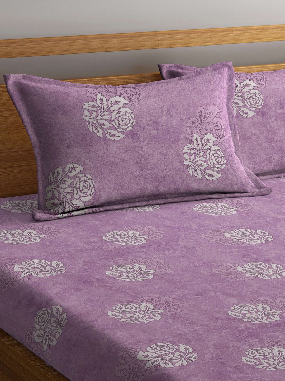 KLOTTHE Purple & White Floral-Printed 130GSM Pure-Cotton Fitted Double King Bedsheet Set