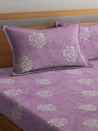 KLOTTHE Purple & White Floral-Printed 130GSM Pure-Cotton Fitted Double King Bedsheet Set