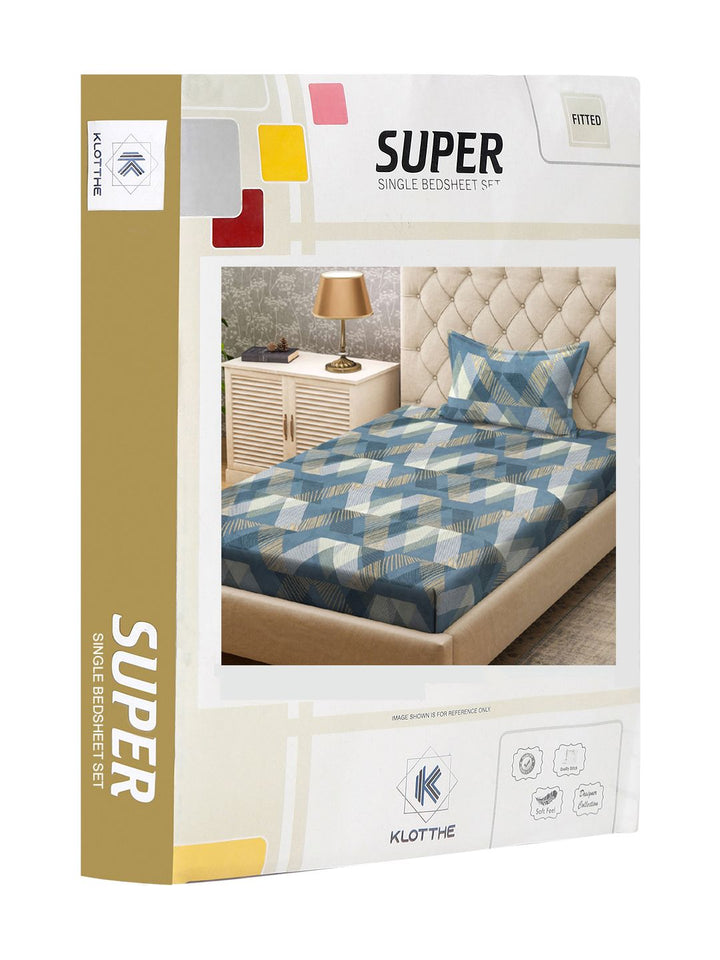 KLOTTHE Turquoise Blue & White Printed Fitted 300TC Single Bedsheet & Pillow Covers