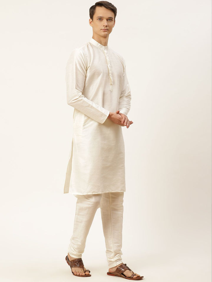 SOJANYA Men Off White & Pink Kurta with Churidar