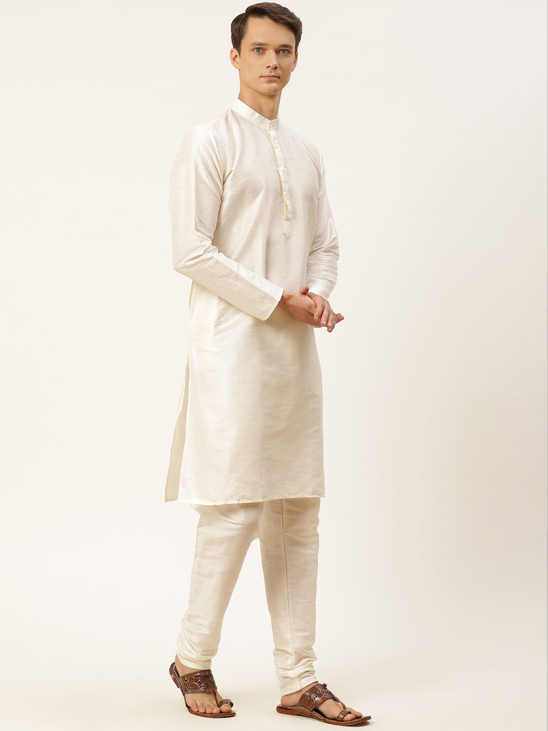 SOJANYA Men Off White & Pink Kurta with Churidar