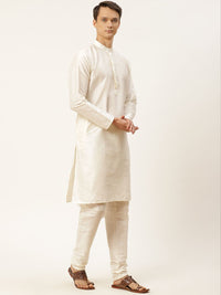 SOJANYA Men Off White & Pink Kurta with Churidar