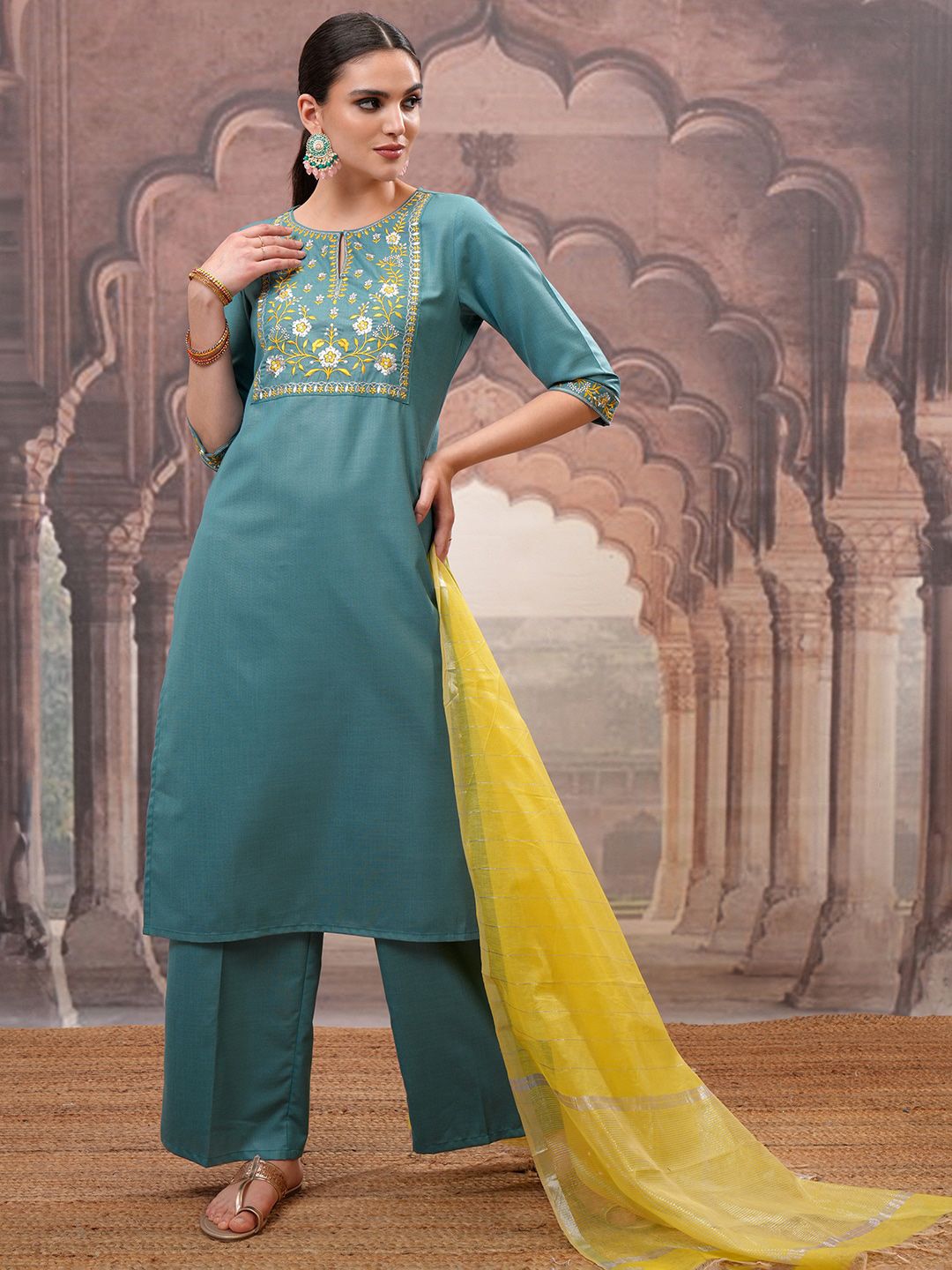 Vishudh Turquoise Blue Embroidered Straight Kurta with Palazzo & Dupatta