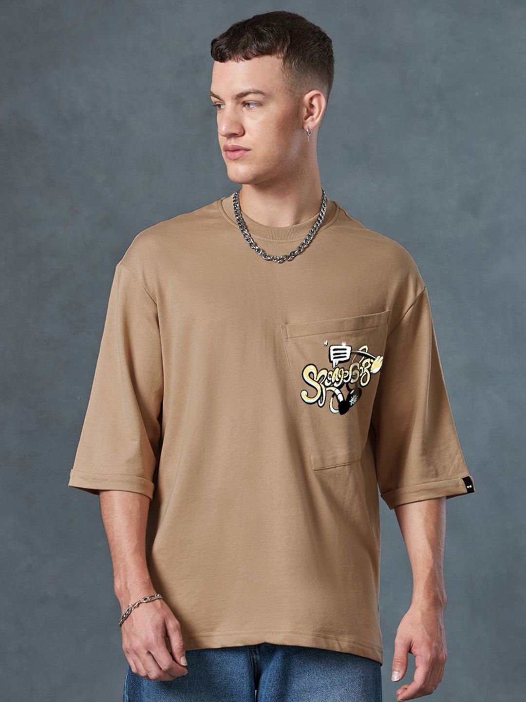 Bewakoof Men Graphic Spongebob Printed Round Neck Pure Cotton Oversized T-shirt