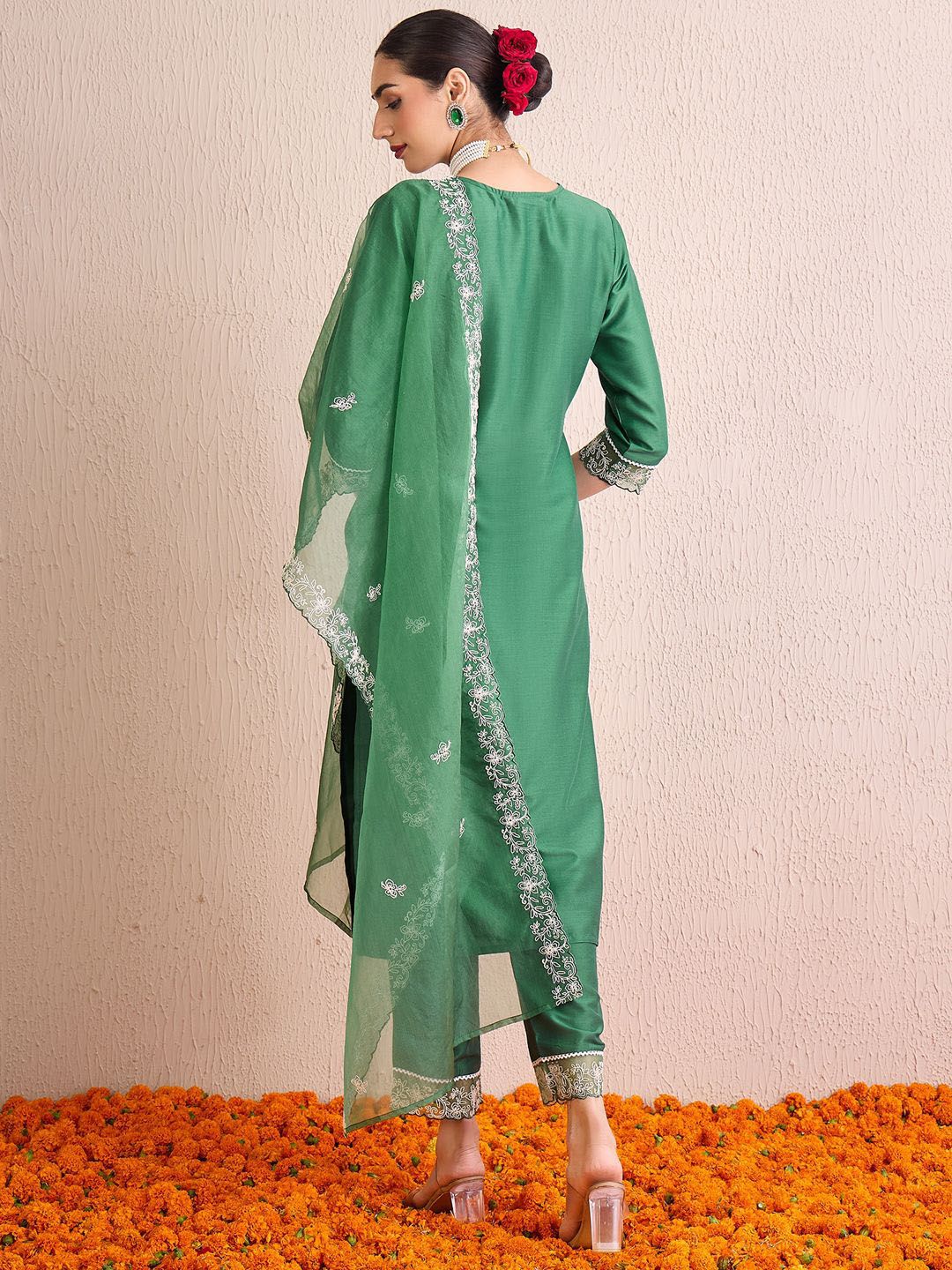 Indo Era Women Ethnic Motifs Yoke Design Regular Thread Work Kurta with Trousers & With Dupatta