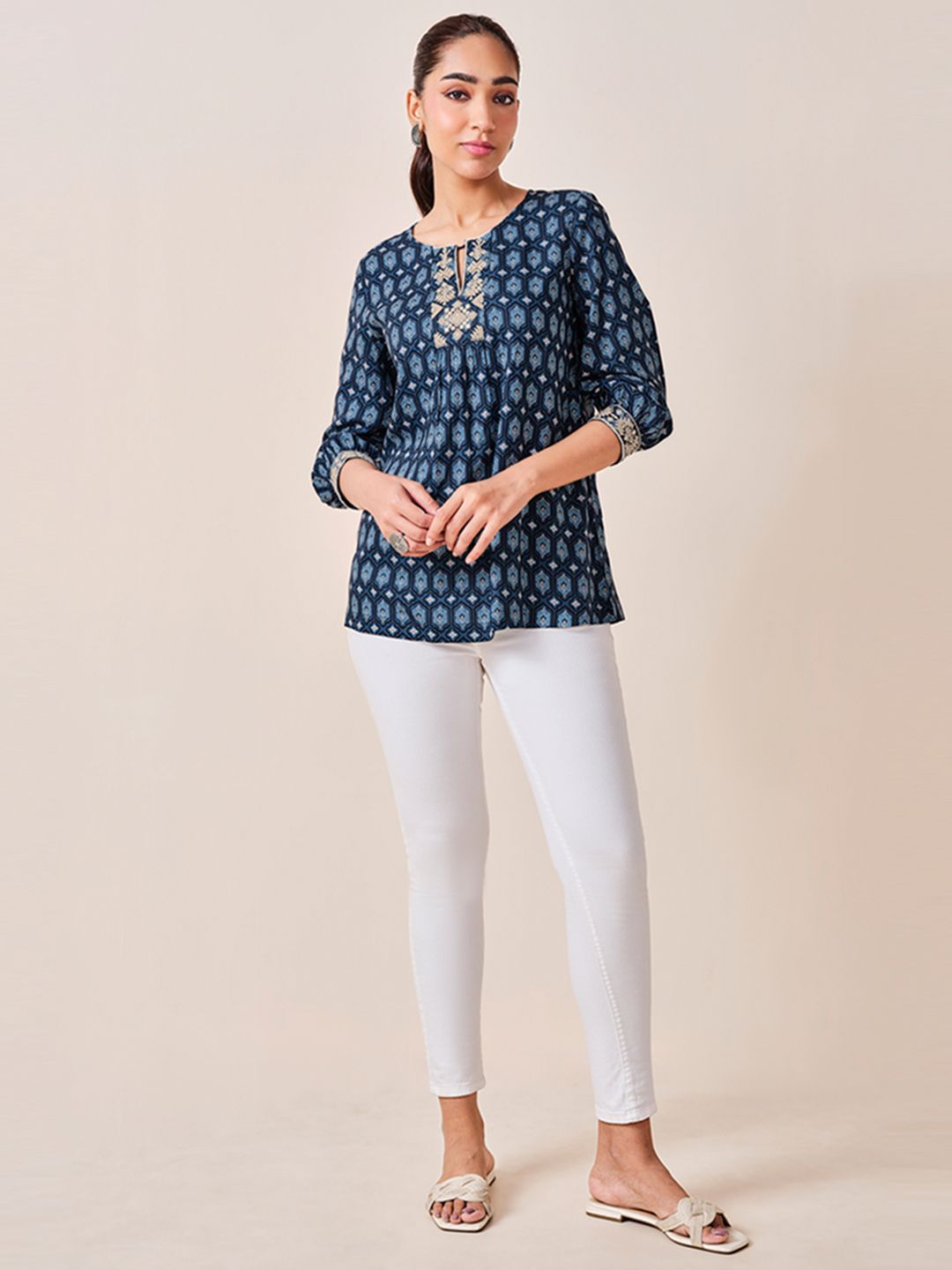 Global Desi viscose keyhole neck cuffed sleeves geometric printed A-Line Top