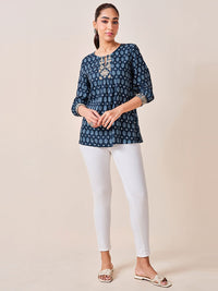 Global Desi viscose keyhole neck cuffed sleeves geometric printed A-Line Top