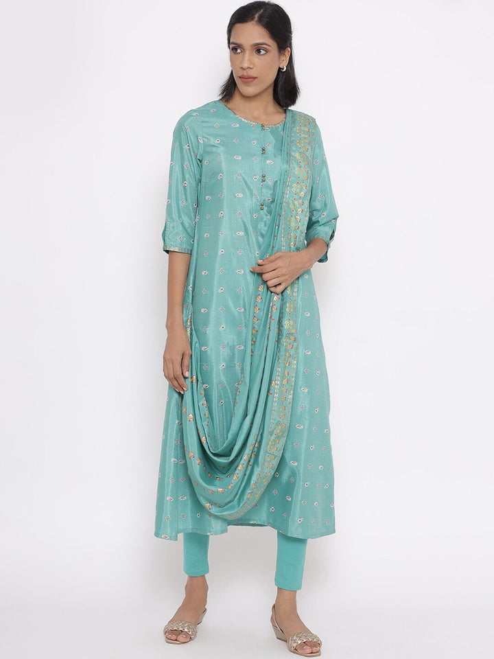 W Festive Floral Print Shantung Kurta With Leggings