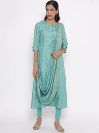 W Festive Floral Print Shantung Kurta With Leggings