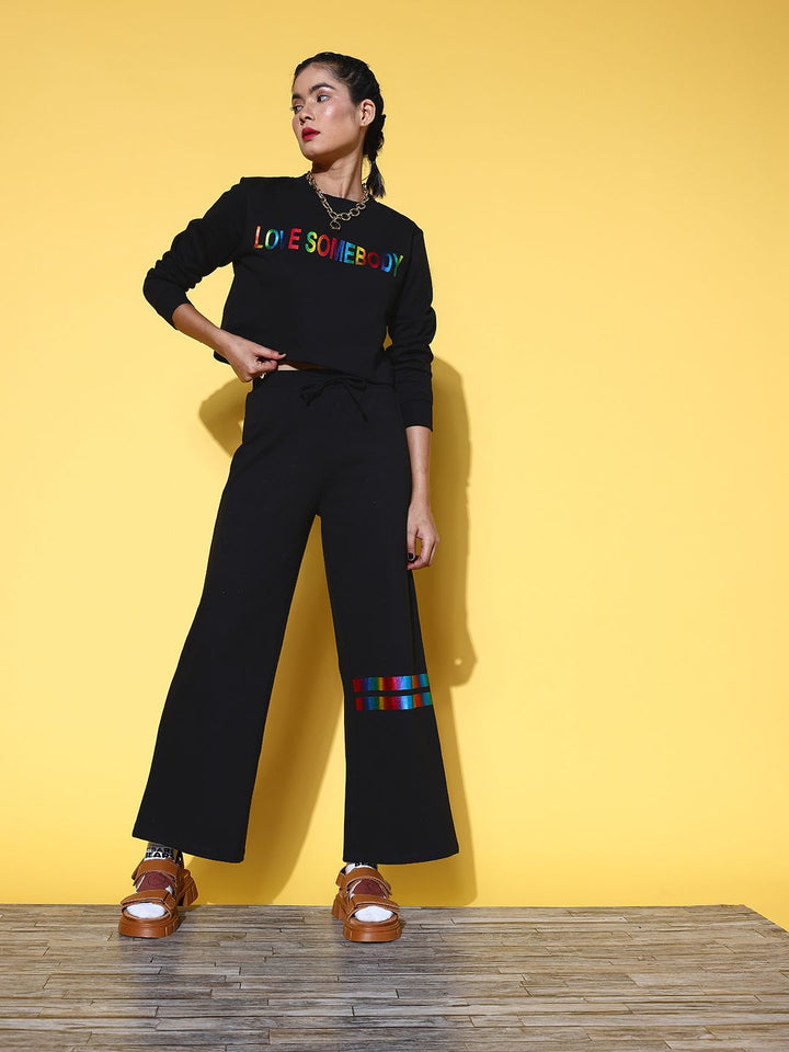 SASSAFRAS Women Classic Black Printed Sweatshirt with Solid Trousers