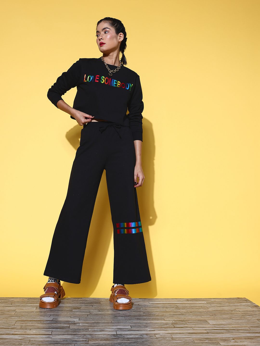 SASSAFRAS Women Classic Black Printed Sweatshirt with Solid Trousers