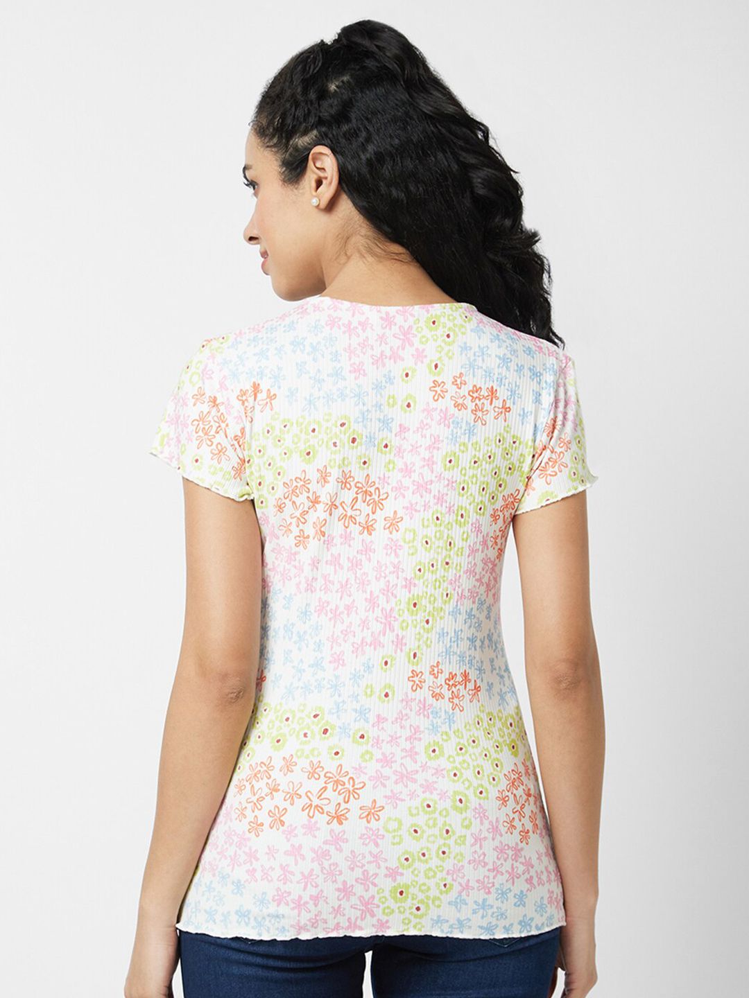 SPYKAR Floral Printed V-Neck Slim Fit T-shirt