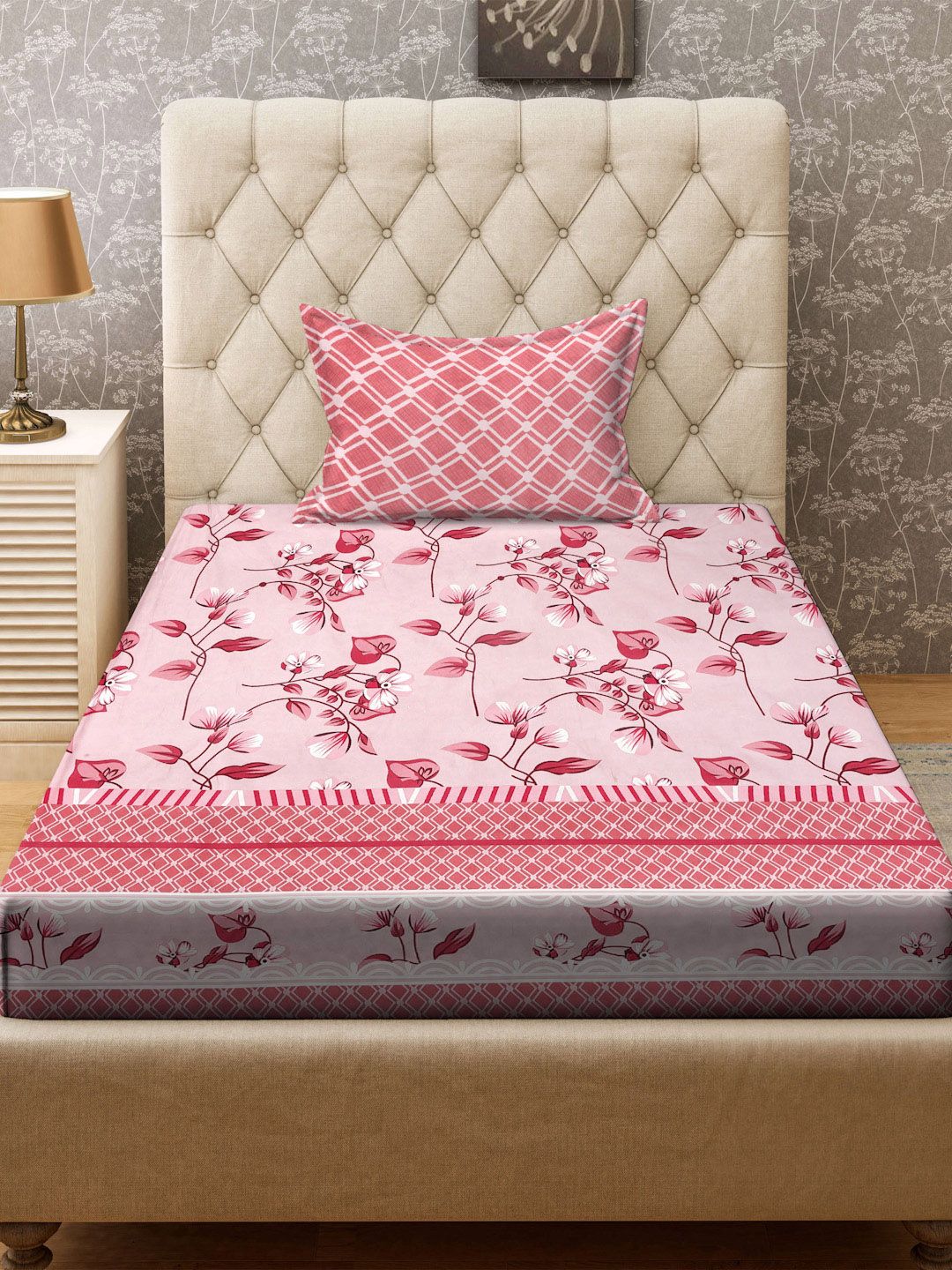 KLOTTHE Red & Pink Printed 300TC Dipasang Cadar Bujang & Sarung Bantal