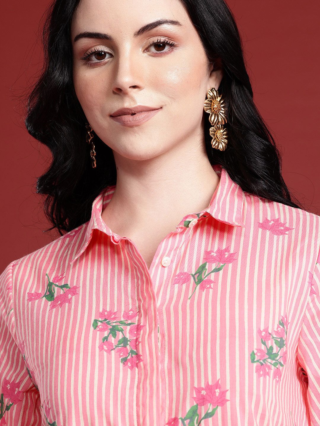 Anouk Floral Print Pleated Tasseled Shirt Collar Pure Cotton Ethnic Dress