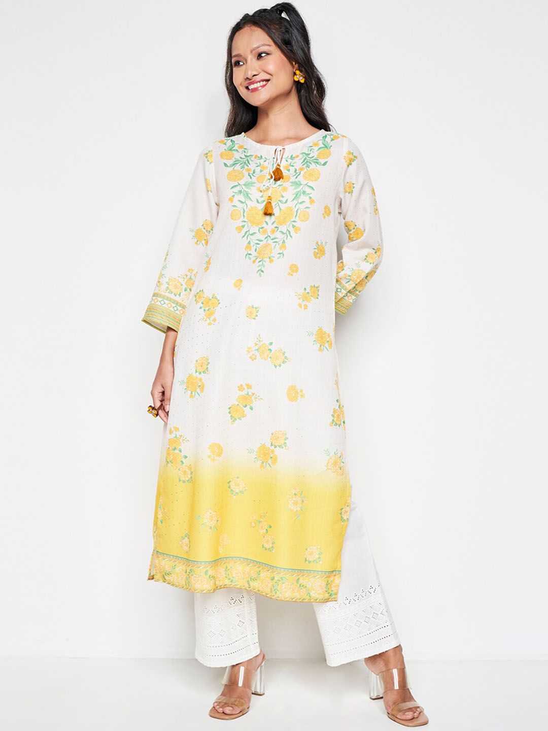 Global Desi Ethnic Motifs Printed Tie-Up Neck Straight Kurta