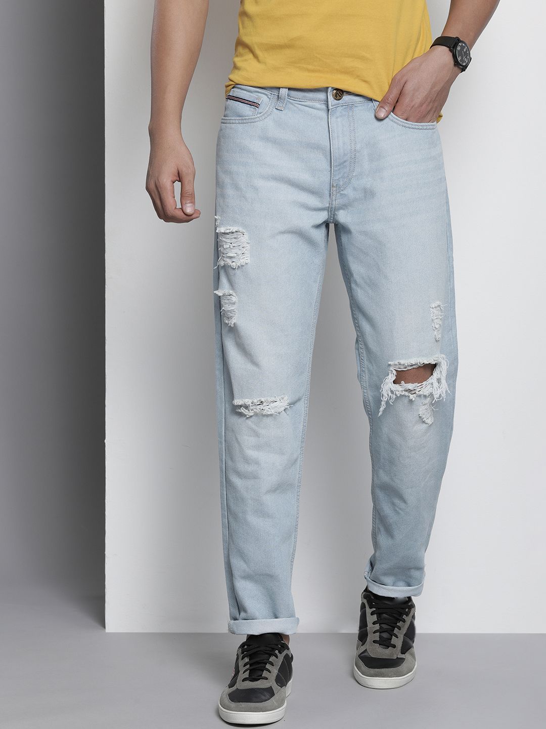 The Indian Garage Co Men Pure Cotton Dad Fit Highly Distressed Jeans