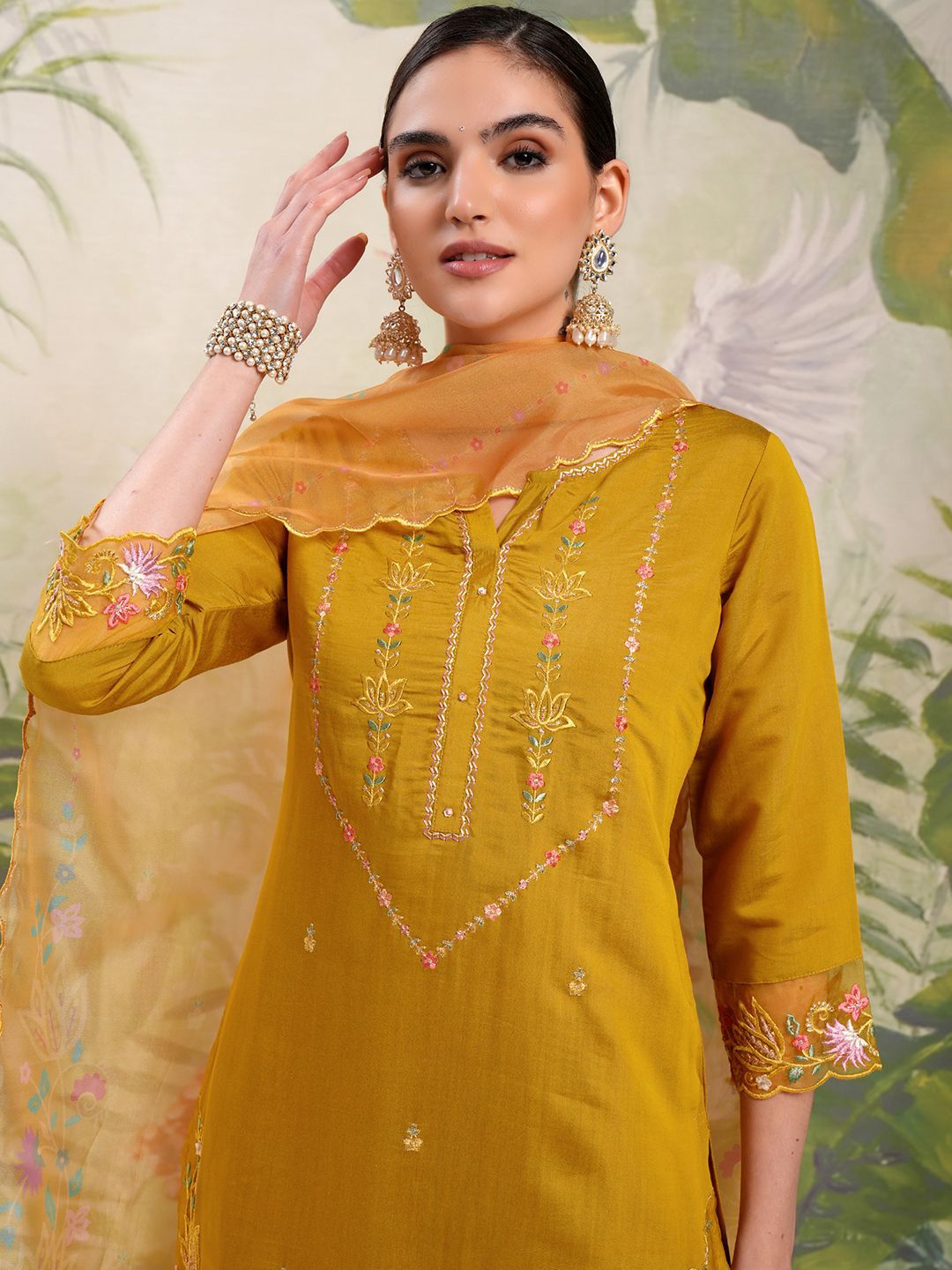 Vishudh Mustard Yellow Embroidered Thread Work Straight Kurta With Trousers & Dupatta