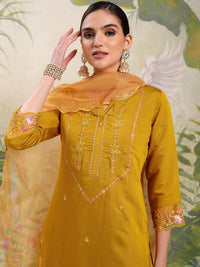 Vishudh Mustard Yellow Embroidered Thread Work Straight Kurta With Trousers & Dupatta