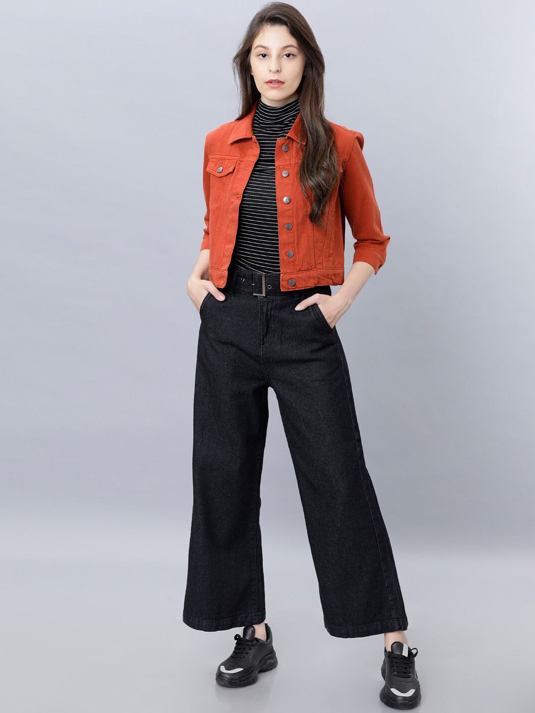 Tokyo Talkies Women Rust Orange Solid Cotton Crop Denim Jacket