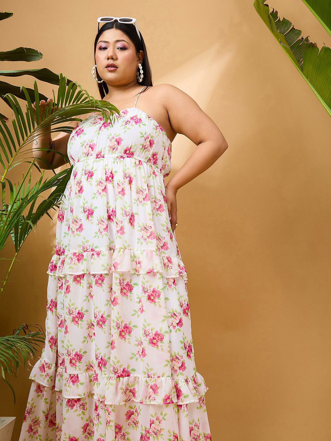 SASSAFRAS Curve Plus Size Floral Printed Shoulder Straps Tiered Georgette Maxi Dress