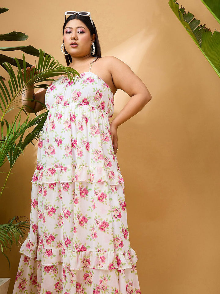 SASSAFRAS Curve Plus Size Floral Printed Shoulder Straps Tiered Georgette Maxi Dress