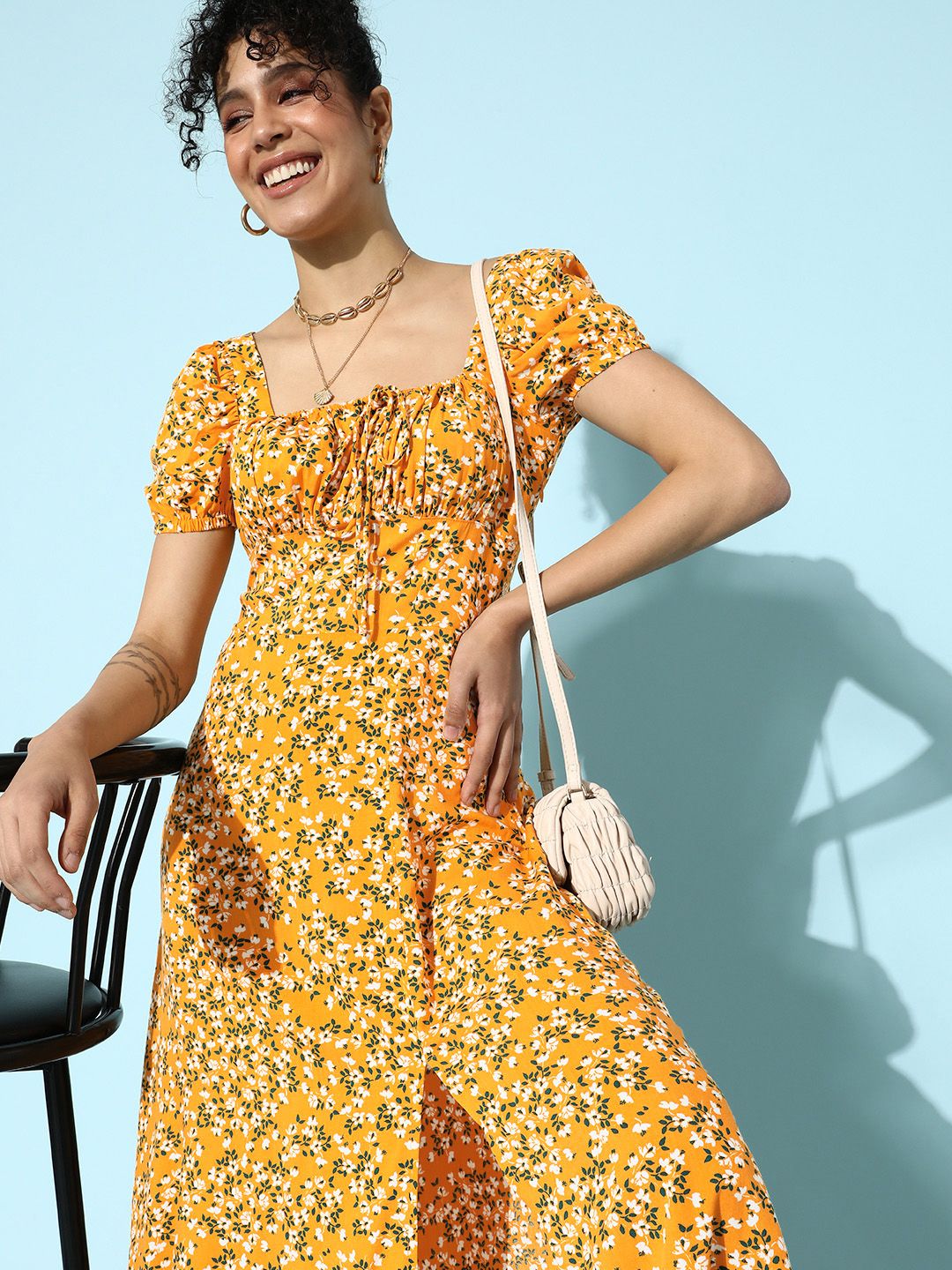 STREET 9 Women Stylish Mustard Floral Empire Dress