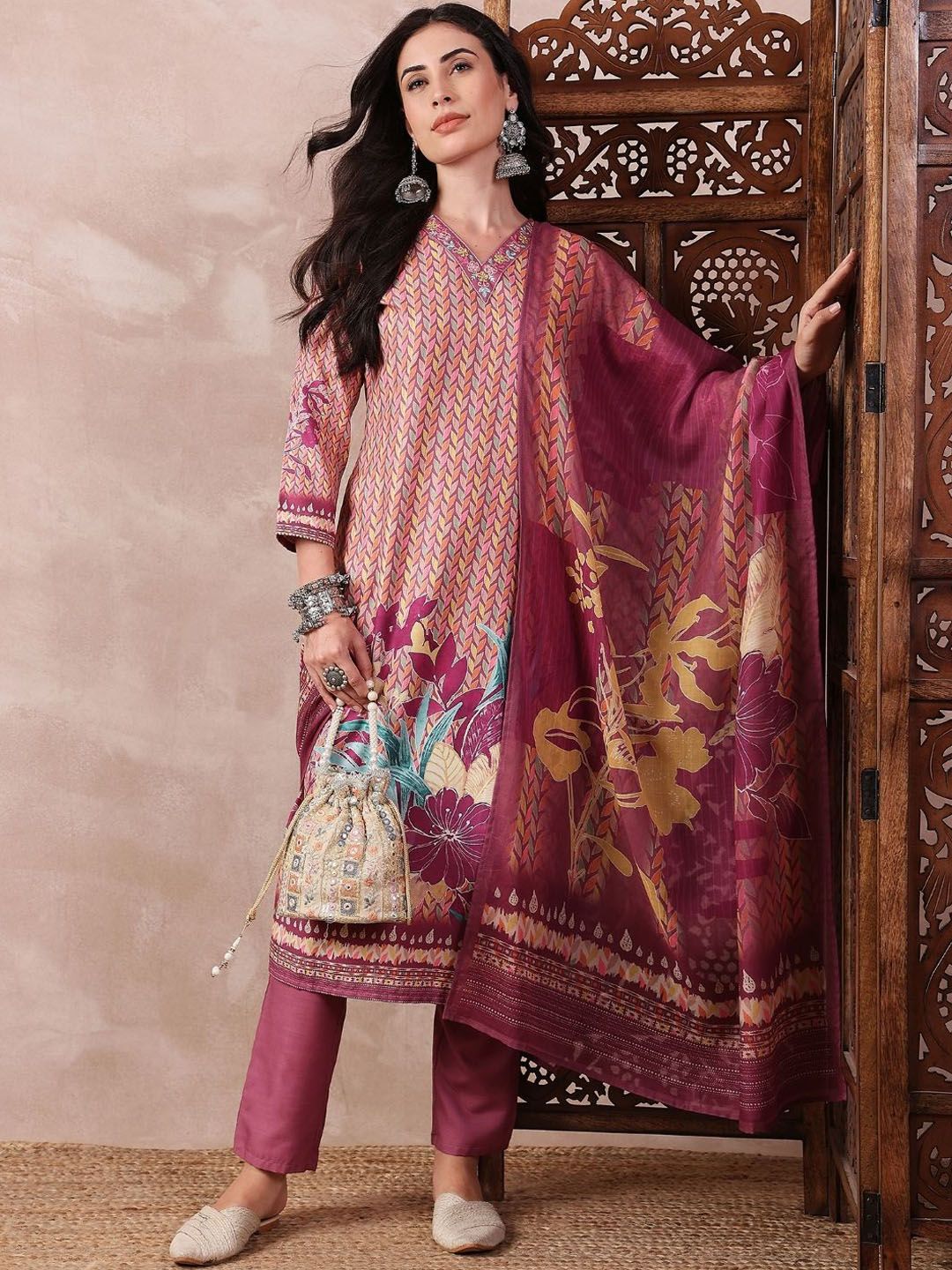 KALINI Floral Printed Straight Thread Work Kurta with Trousers & Dupatta