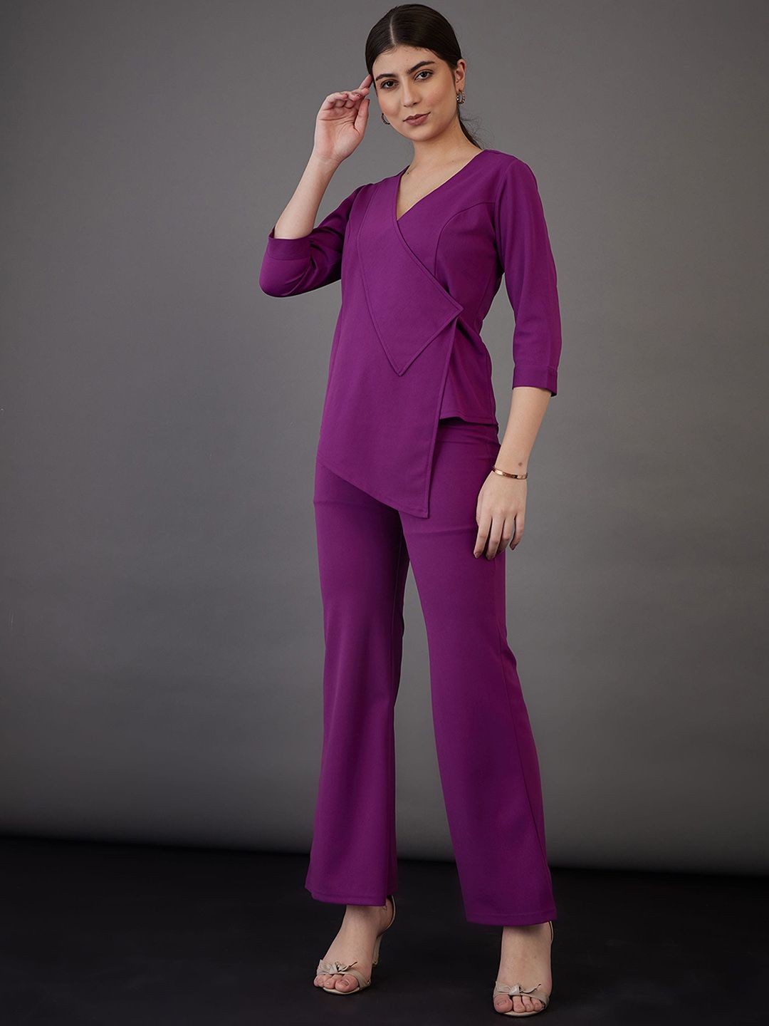 SASSAFRAS worklyf Asymmetric Wrap Top With Bell Bottom Trousers
