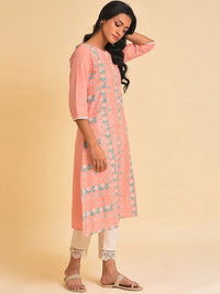 W Peach-Coloured & Cream-Coloured Floral Printed Pure Cotton Kurta with Trousers