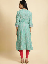 W Sea Green & Red Ethnic Printed Keyhole Neck Thread Work Asymmetric A-Line Kurta