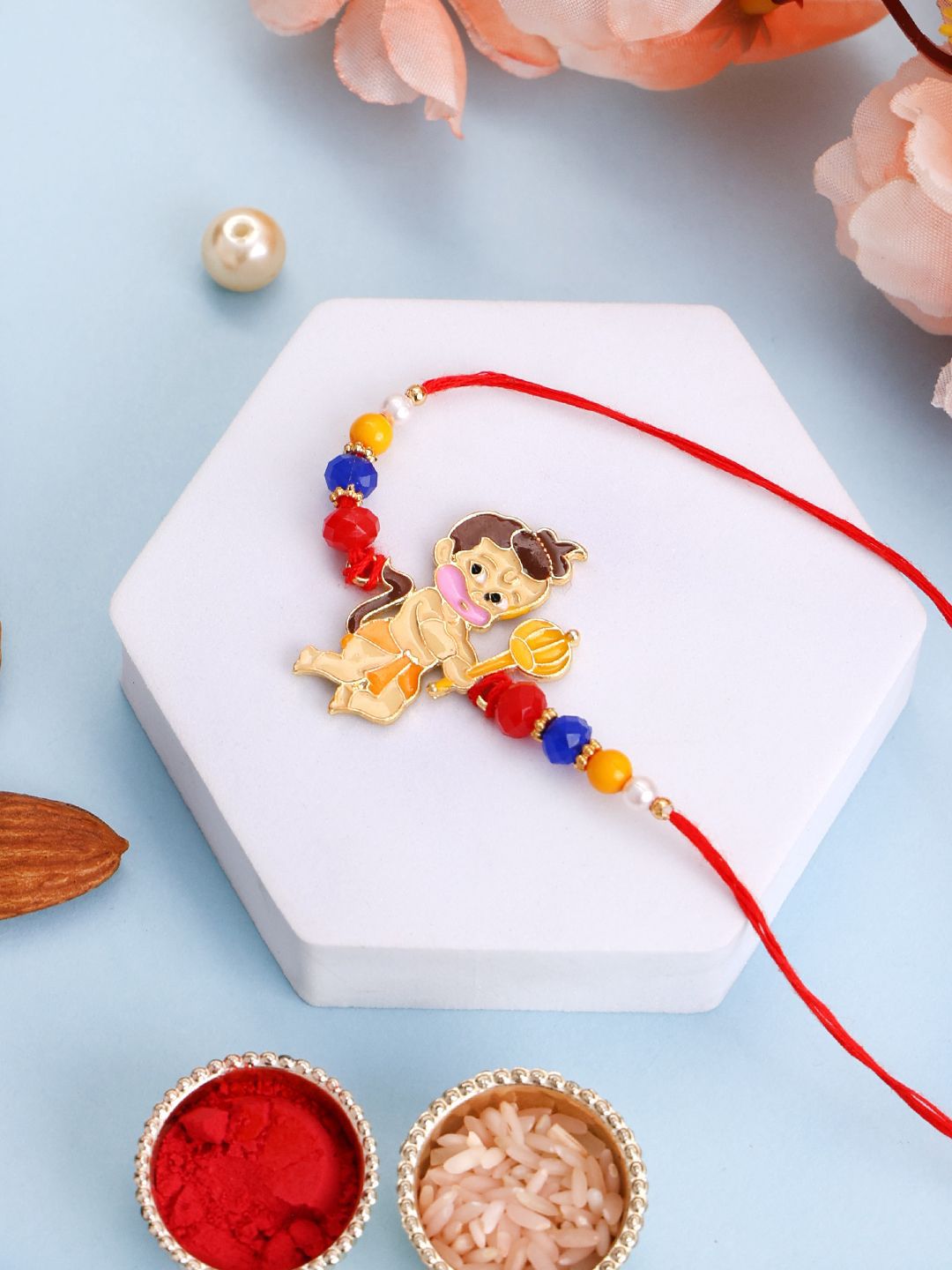 PANASH Gold-Plated Hanuman Shaped Brass Thread Rakhi With Roli Chawal