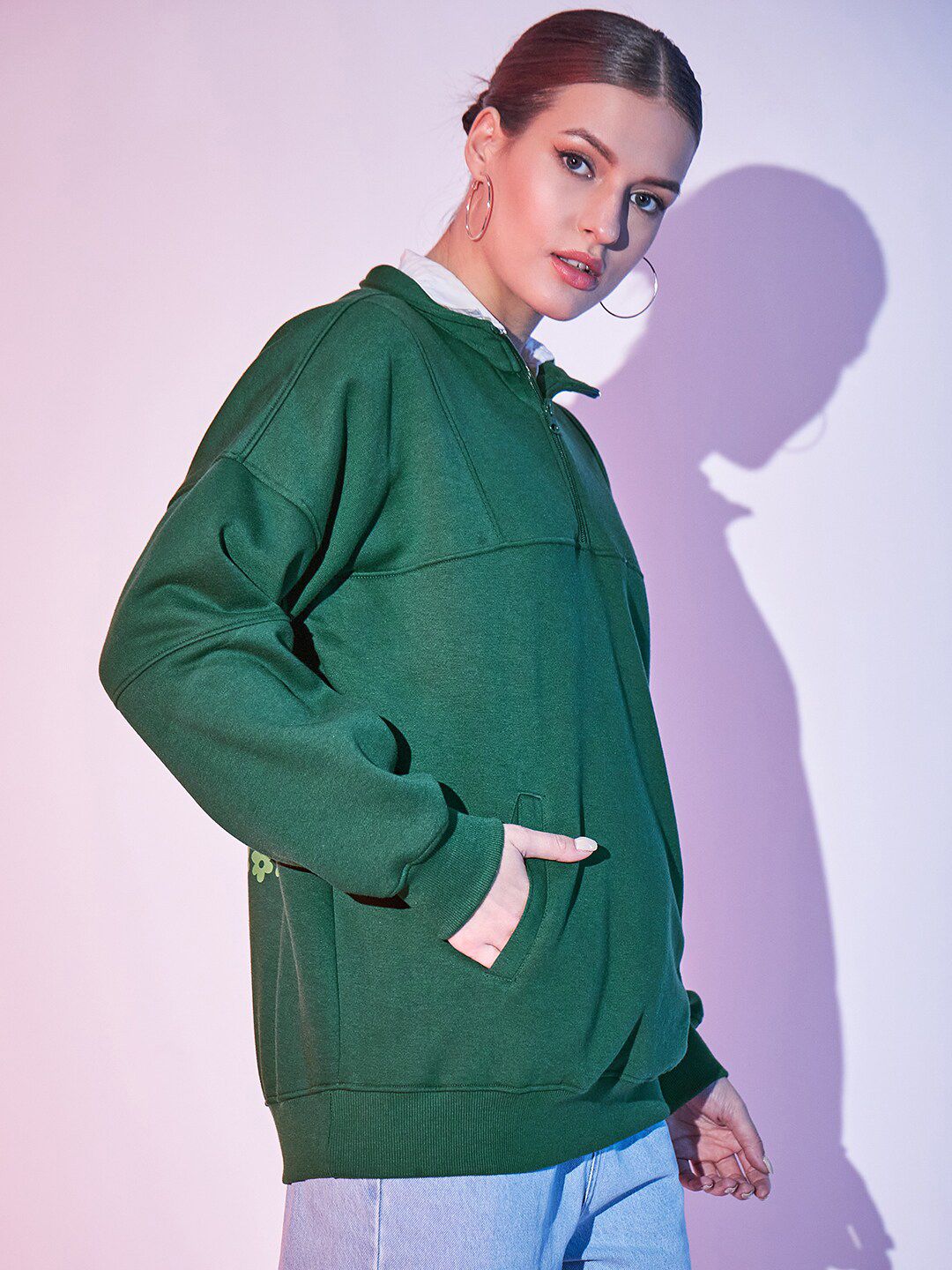 STREET 9 Green Typography Printed Mock Collar Pullover Fleece Sweatshirt