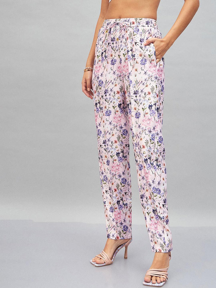 SASSAFRAS Pink Women Floral Printed Straight Fit Trousers