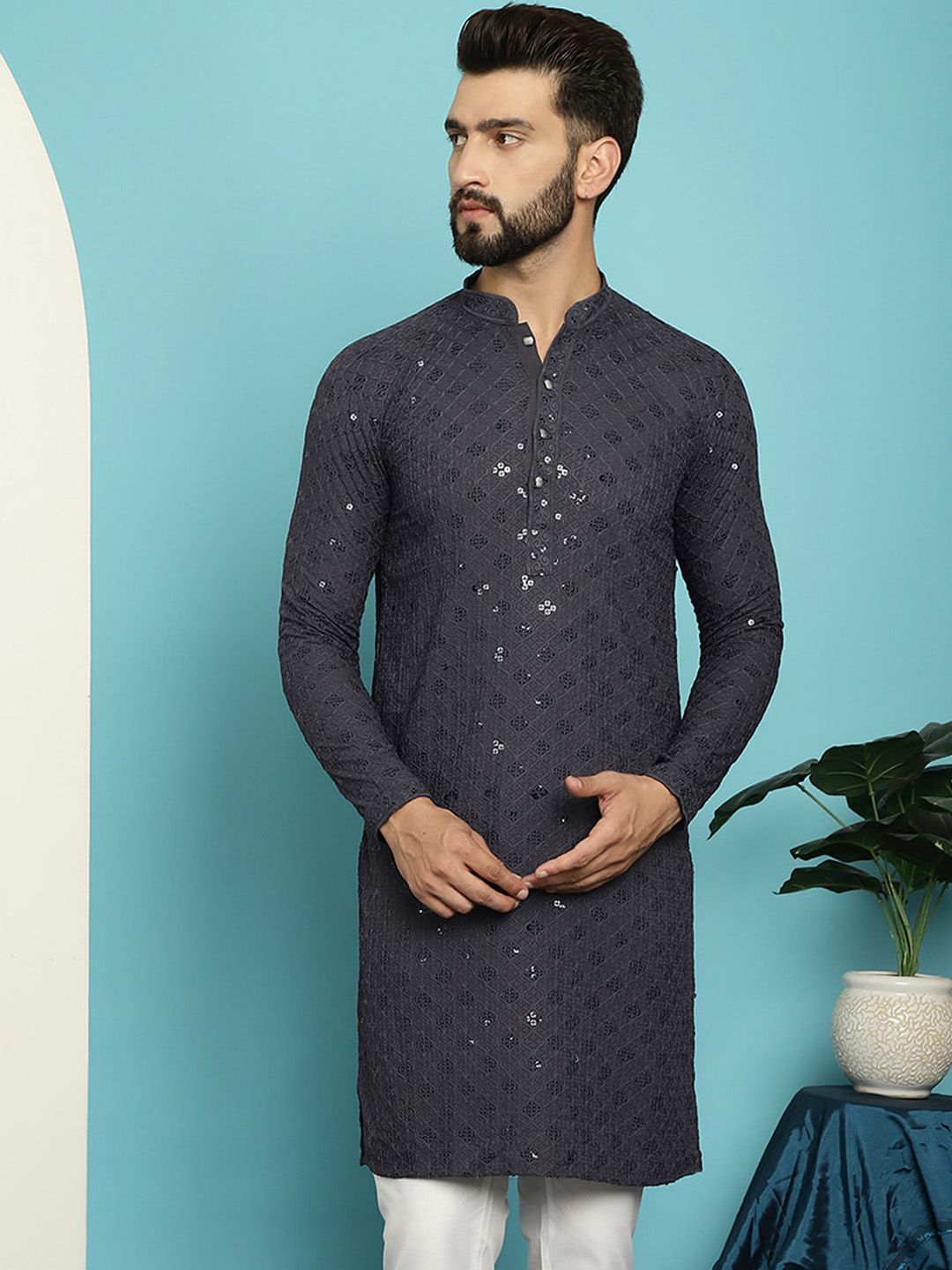SOJANYA Ethnic Motifs Embroidered Sequinned Pure Cotton Kurta