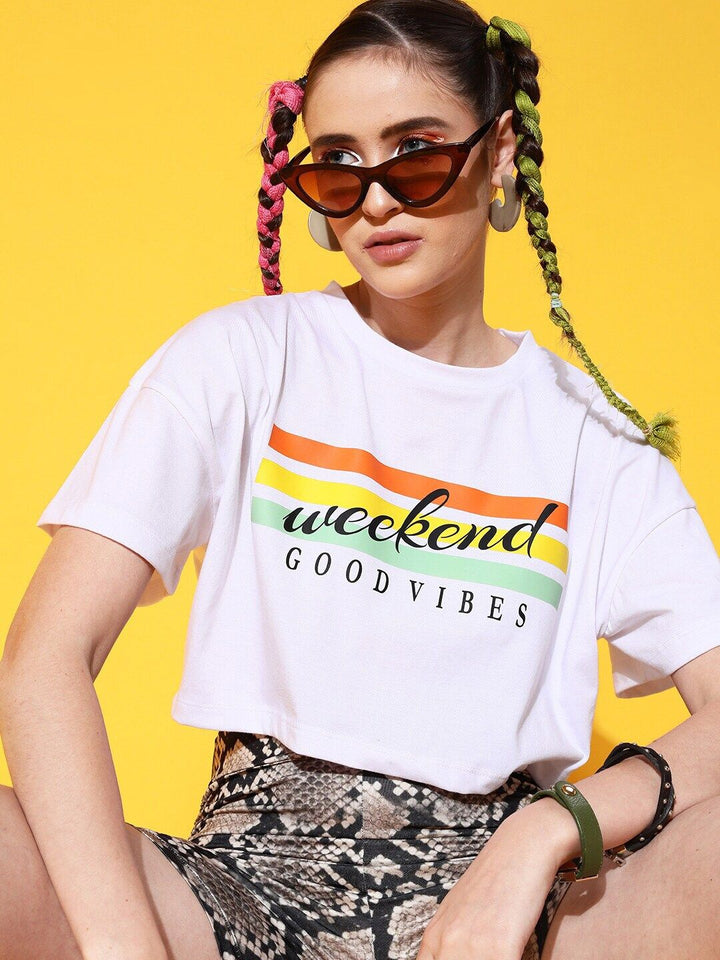 STREET 9 Women White Printed Cotton Drop-Shoulder Sleeves Bio Finish T-shirt