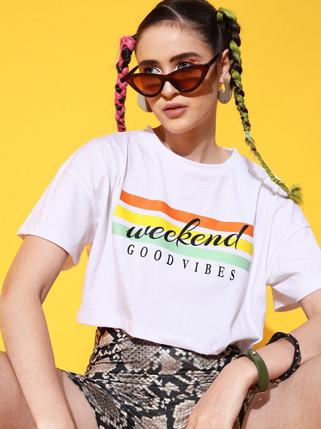 STREET 9 Women White Printed Cotton Drop-Shoulder Sleeves Bio Finish T-shirt